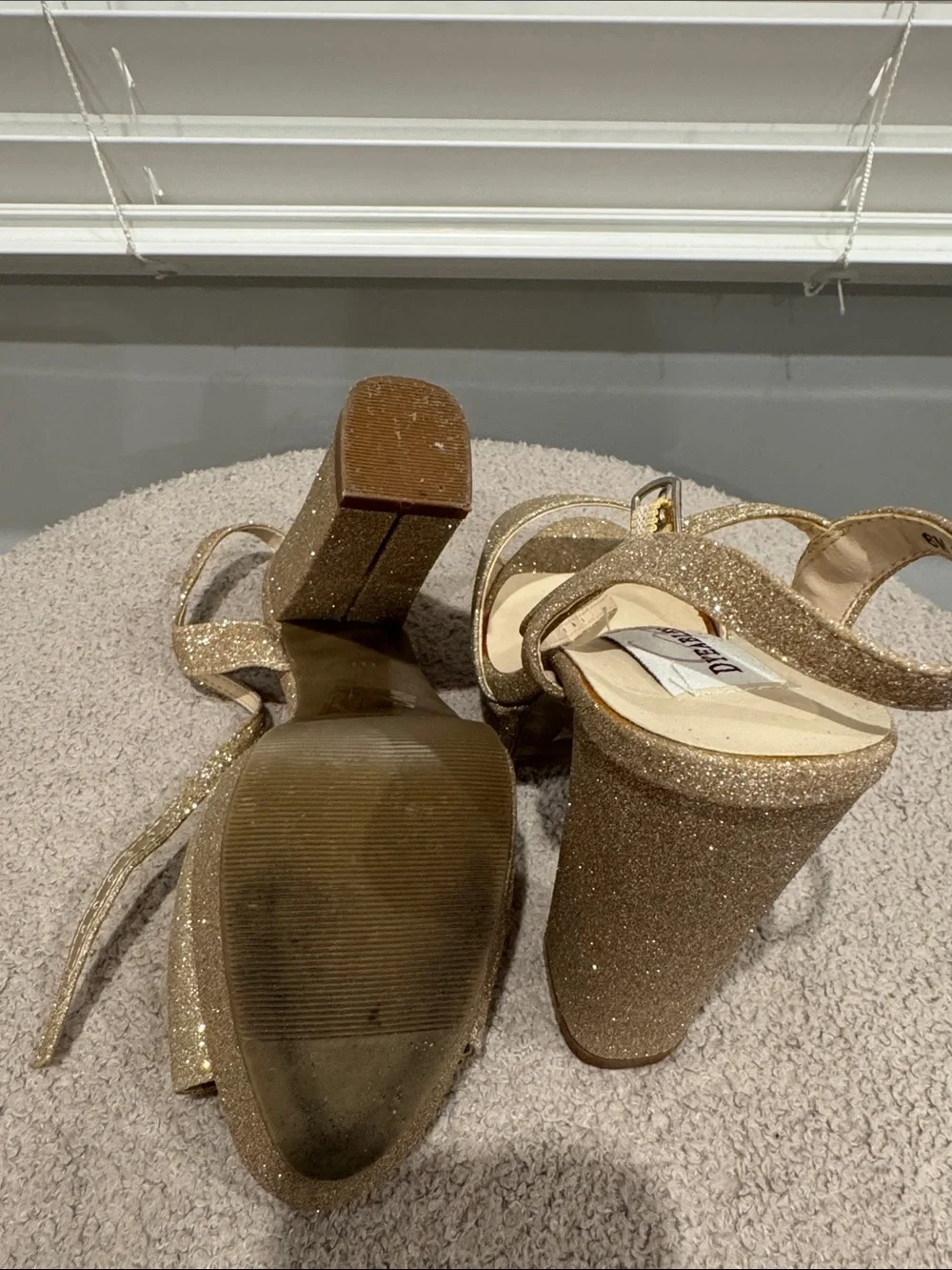 Glitter Platform T-Strap Heels in Gold